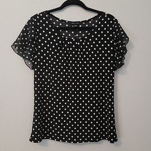 Adele & May Black White Polka Dot Top Sz M Pleated neckline Handkerchief Sleeves